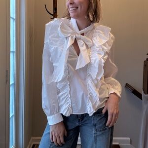 Zara White Ruffle Bow Blouse